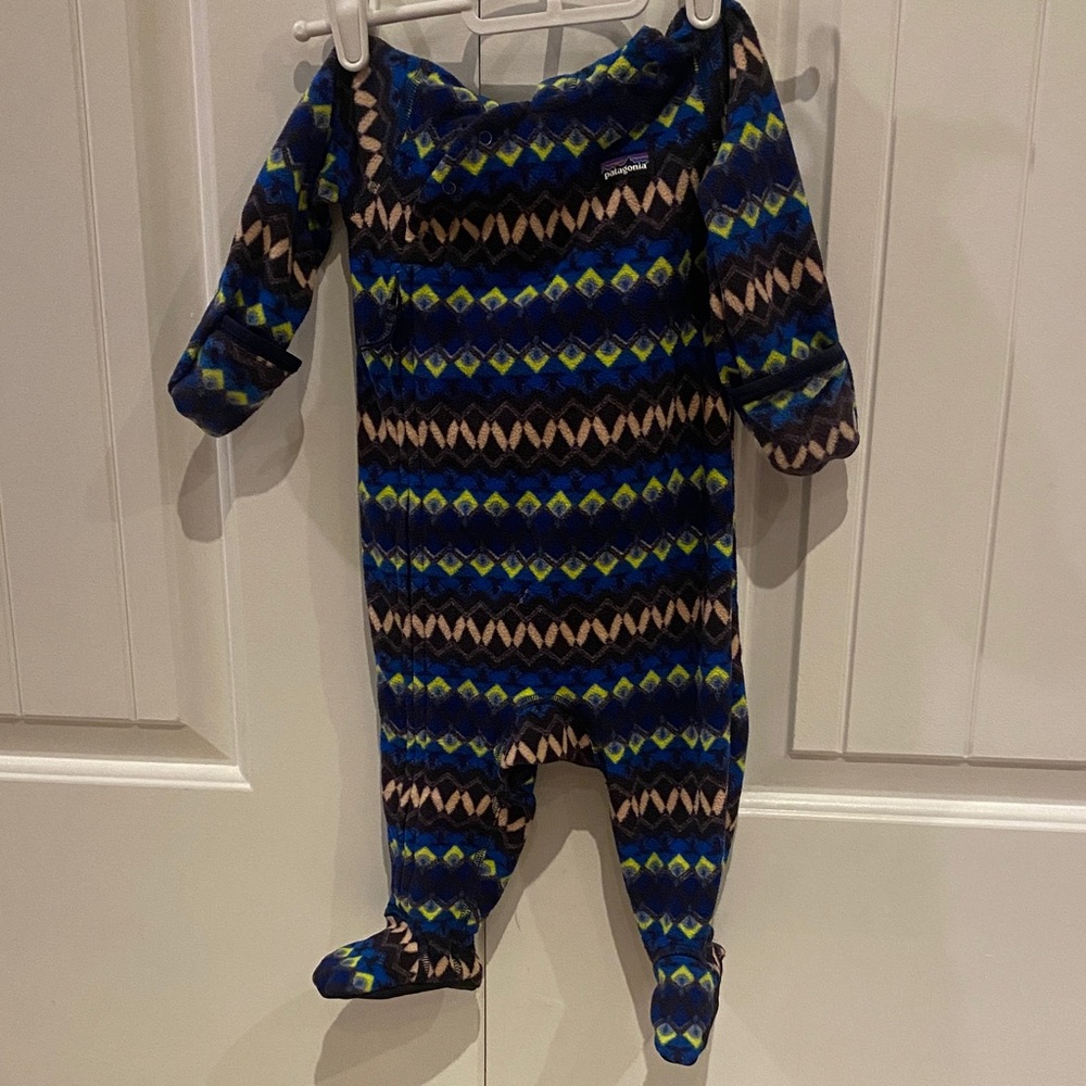 Patagonia Blue and Green Patterned Kids Footie with hood